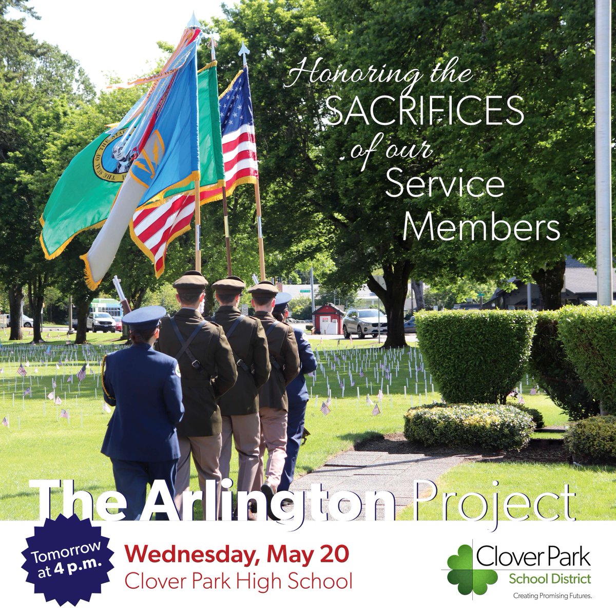 CloverParkSD's tweet photo. Remember to attend the Arlington Project tomorrow, May 20, at 4 p.m. at Clover Park High School. 🇺🇸 We are pleased to announce that distinguished trumpet virtuoso Morris Northcutt will play a special performance of Taps as part of the ceremony. 🎺 #YouBelongWithCPSD https://t.co/vWxxJont7l