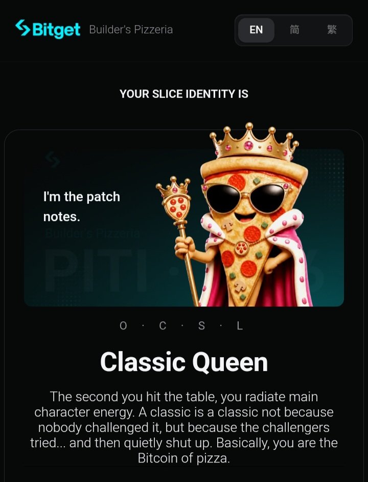 Vihangayo's tweet photo. I just took the PITI — Pizza Identity Test Index.
I'm Classic Queen(O · C · S · L) 

What's your slice? → https://t.co/it9VwgskQR 

#PizzaWithBitget #BuilderPizzeria #PITI
#WhatIsYourPITI

@Dinuka435 @Zenitsuu2009 @perfectos87 https://t.co/dOyQOgLwmc