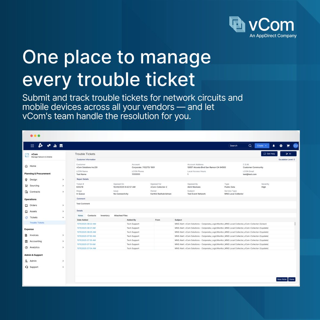 vComSolutions's tweet photo. Circuit down? Device issue? Submit one trouble ticket — regardless of vendor — and vCom's team handles the rest. Every ticket, every carrier, tracked in one place.

Learn more: https://t.co/Eks4iGs1pq https://t.co/SzSS8tc3R3
