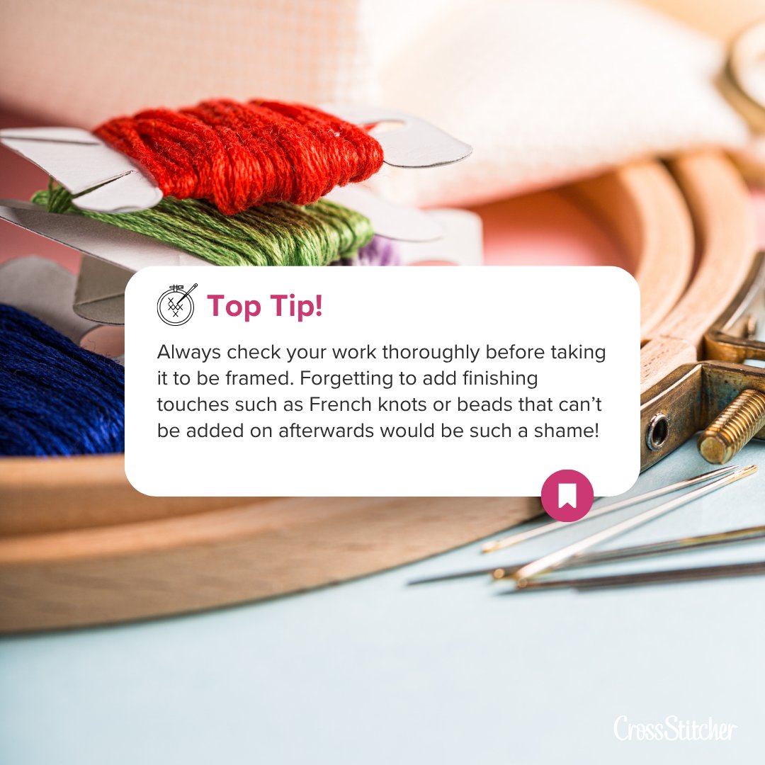 XStitchmagazine's tweet photo. As this month is all about finishing ideas, don’t forget to thoroughly check your cross stitch before framing 👀✨

Make sure you've added your final touches like French knots or beads - it would be such a shame to miss them after all your hard work! 💖

#xstitch #TopTipTuesday https://t.co/4tk9ideldQ