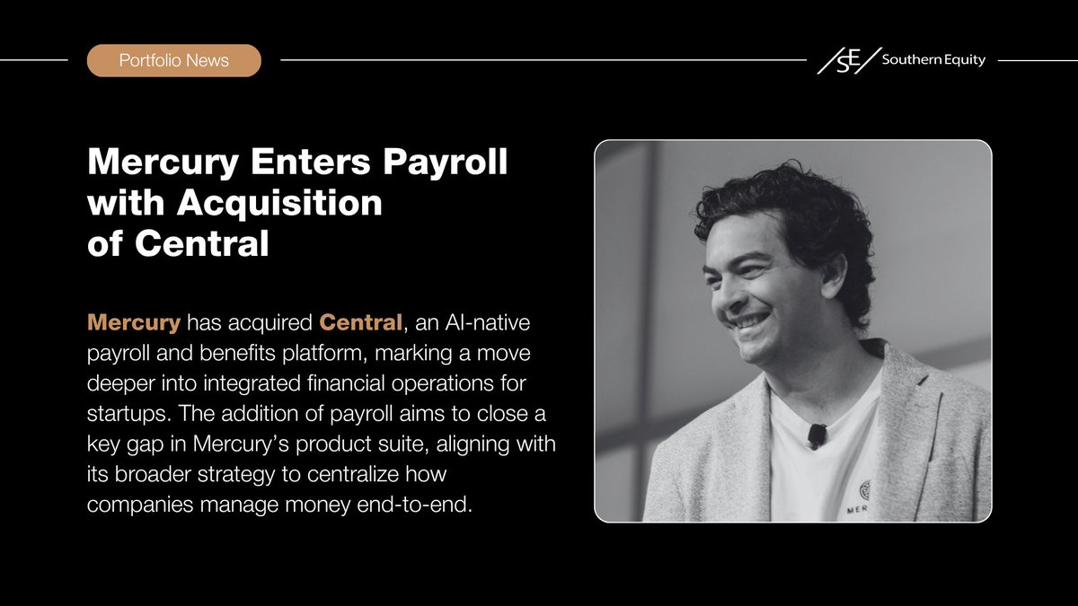 SouthernEquity's tweet photo. @Mercury  has acquired @CentralHQX, an AI-native payroll and benefits platform, with the aim of expanding its capabilities across core financial operations for startups. ⌲

Central provides payroll, benefits, and compliance support through a combination of AI agents and human input, while Mercury continues to build toward a more integrated system for managing company finances.

This move could reflect a broader shift toward consolidating financial workflows into unified platforms, as startups look for more streamlined, end-to-end solutions beyond traditional banking tools.

► Read more: https://t.co/nZCb1GCTmZ

#Fintech #BusinessBanking #PortfolioNews #Mercury #Startups #TechNews