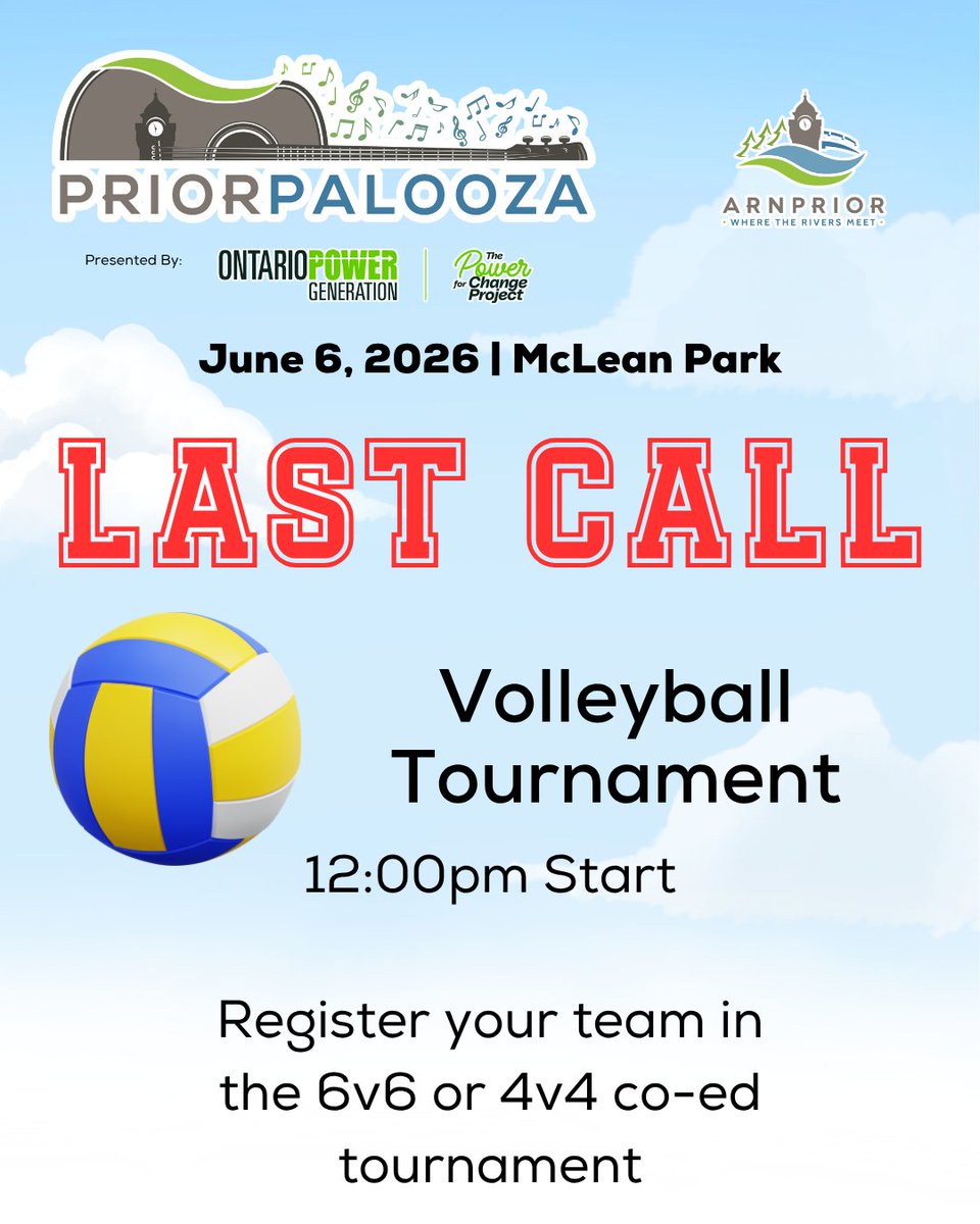 arnprior's tweet photo. LAST CALL! Registration for the Priorpalooza Volleyball closes this Friday at midnight. Register your team in the 4v4 or 6v6 grass tournament and enjoy a day of music, drinks and sport in Arnprior. Join in at https://t.co/wui6j58WTR https://t.co/rvWbbLCw7j