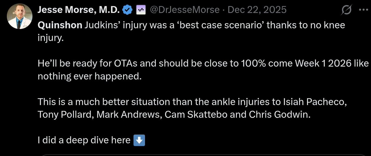 rango_'s tweet photo. @RyanJ_Heath @FantasyPts I thought we were on the same page the Judkins and Skattebo injuries were VERY different?  Judkins "close to 100% come week 1 2026 like nothing ever happend" -@DrJesseMorse https://t.co/so8IfOPNqV
