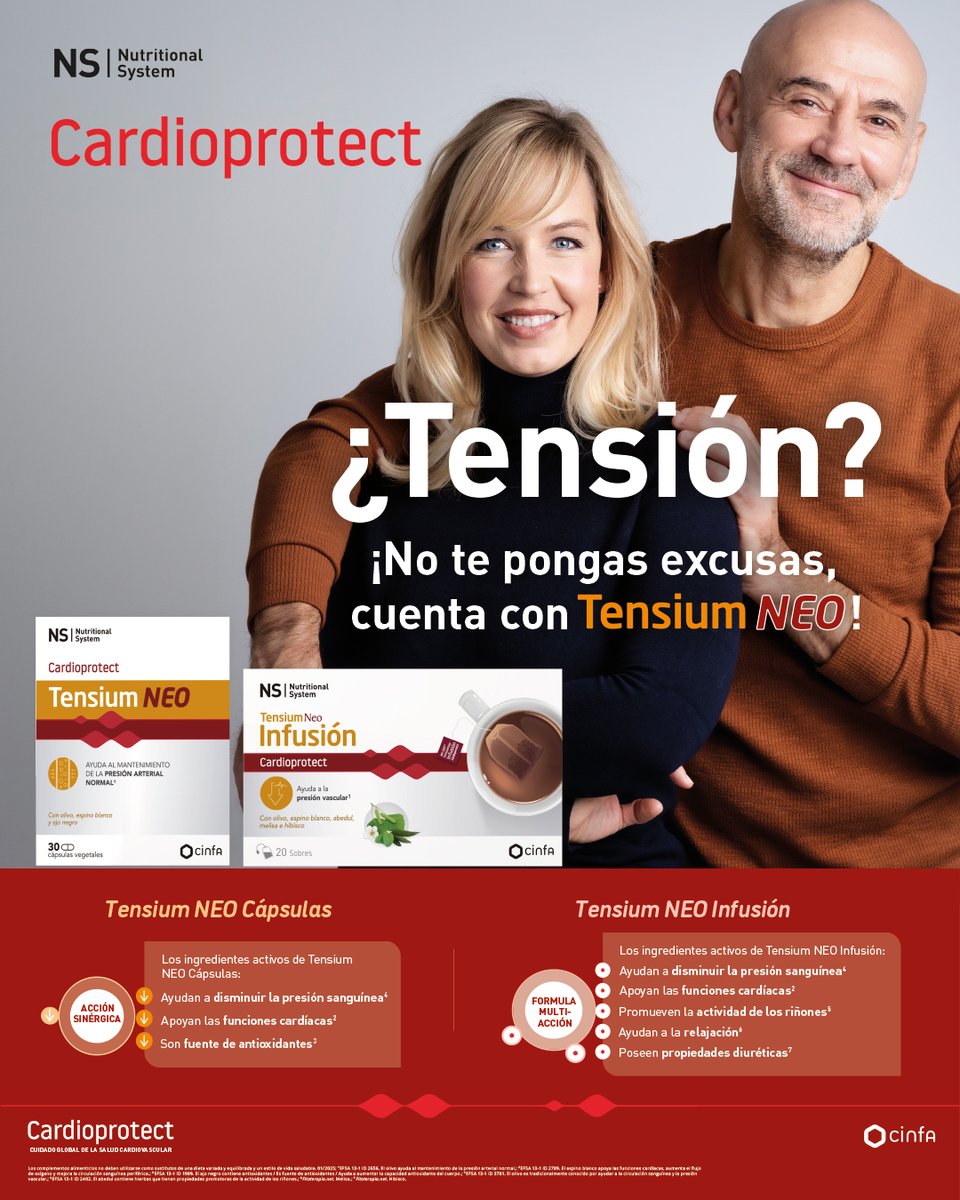 Ns_Cinfa's tweet photo. Cuidar la presión arterial es clave para proteger el corazón y mantener el bienestar cardiovascular. NS Cardioprotect Tensium Neo ayuda a mantener una presión arterial normal y a apoyar la función cardiaca gracias a ingredientes como el olivo, el espino blanco y el ajo negro. https://t.co/RqooYC2xS8