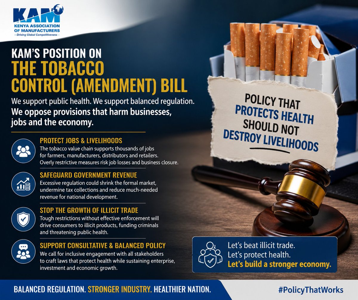Kenya's private sector is pushing back against sections of the Tobacco  Control (Amendment) Bill, warning some proposals could hurt legitimate  businesses while empowering illicit cigarette traders. RETRAK, KNCCI and  KAM say regulation
