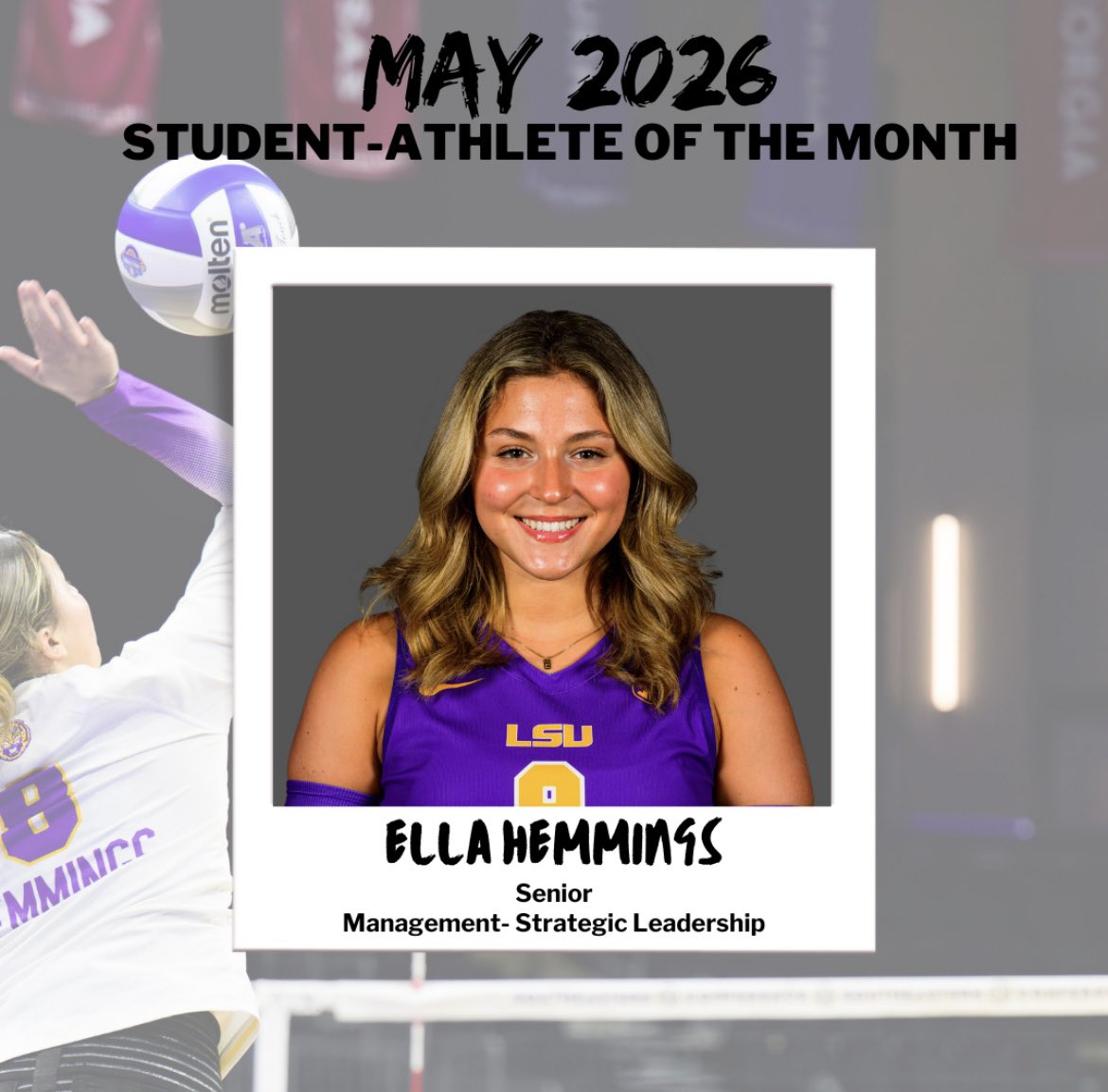 LSUAcademicCtr's tweet photo. Ella Hemings, Volleyball 🏐
May Student-Athlete of the Month! 🐯

💬- “‘You only live once’. I love this because it helps me say yes to more things that involve making positive memories and shaping my life the exact way I want. :)”

Keep on shining, Ella! ⭐️

#GeauxTigers #LSU https://t.co/w9aRy06rw6