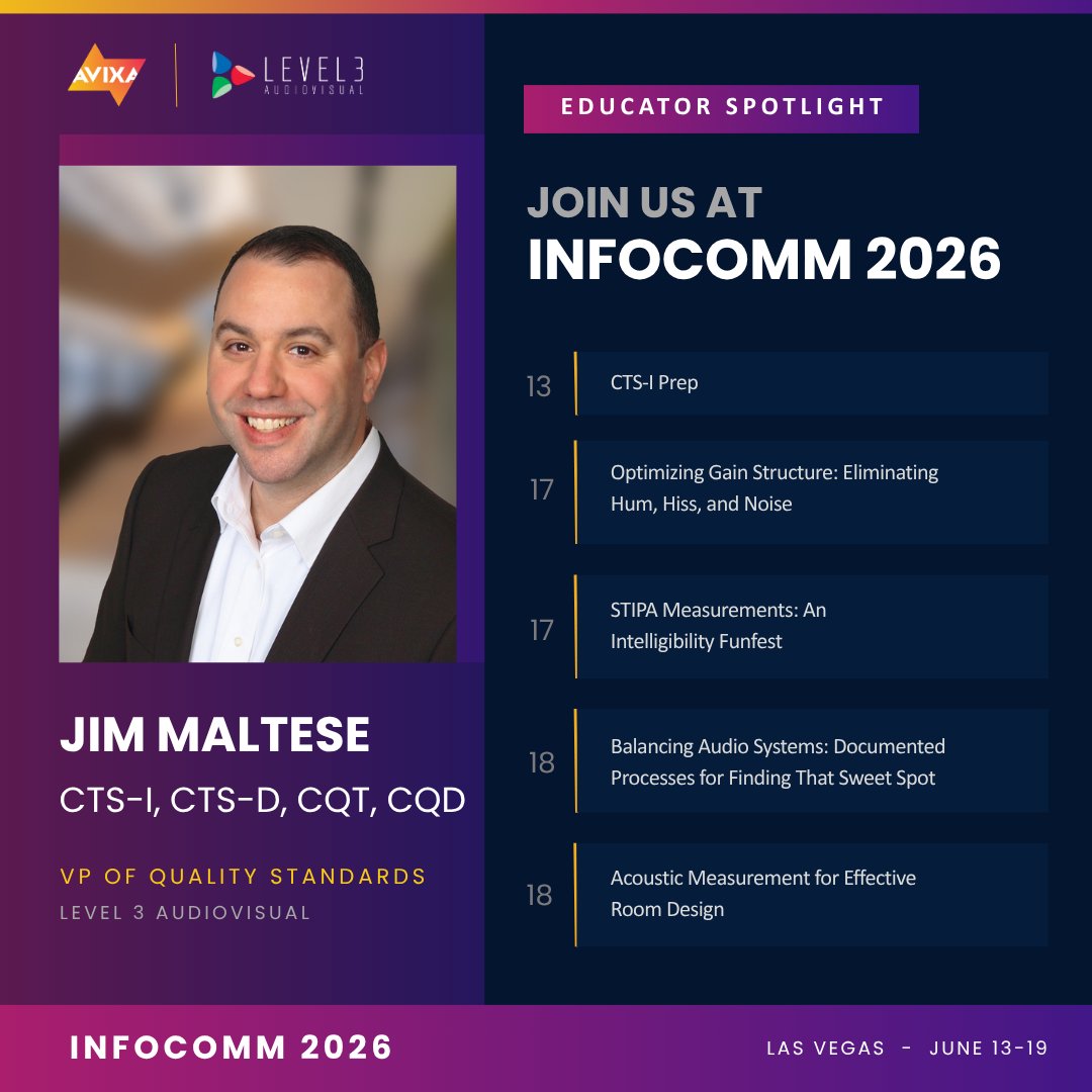 Level3AV's tweet photo. Quality, measurement, gain structure, intelligibility, acoustics, and repeatable performance. This InfoComm education lineup is one to watch. #IC26 https://t.co/cnFbnbXFdt https://t.co/HyVBcbGVMV