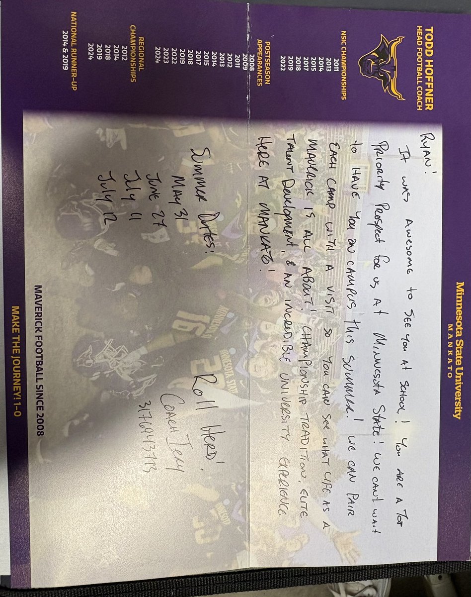 RyanBlockWR2027's tweet photo. Thank you @CoachJakeIery and @MinnStFootball for the handwritten letter and graphic!
@NorthScottFB https://t.co/9UC72K9lsM