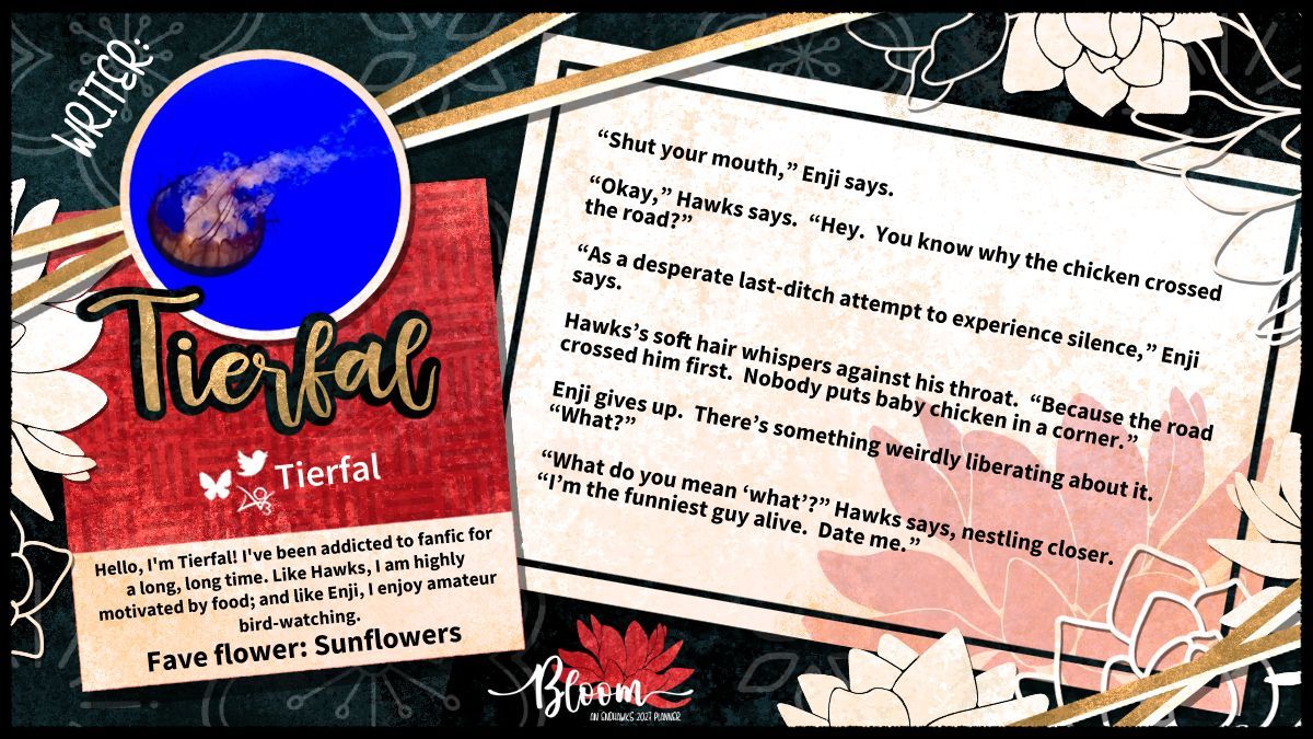 bloomendhawks's tweet photo. 🌻Contributor Spotlight 🌻 

A fan of amatuer bird-watching and food motivated, @tierfal is just like our favorite duo! Wait until you read their piece! Their favorite flower is Sunflowers! https://t.co/JNT5CIxLt4