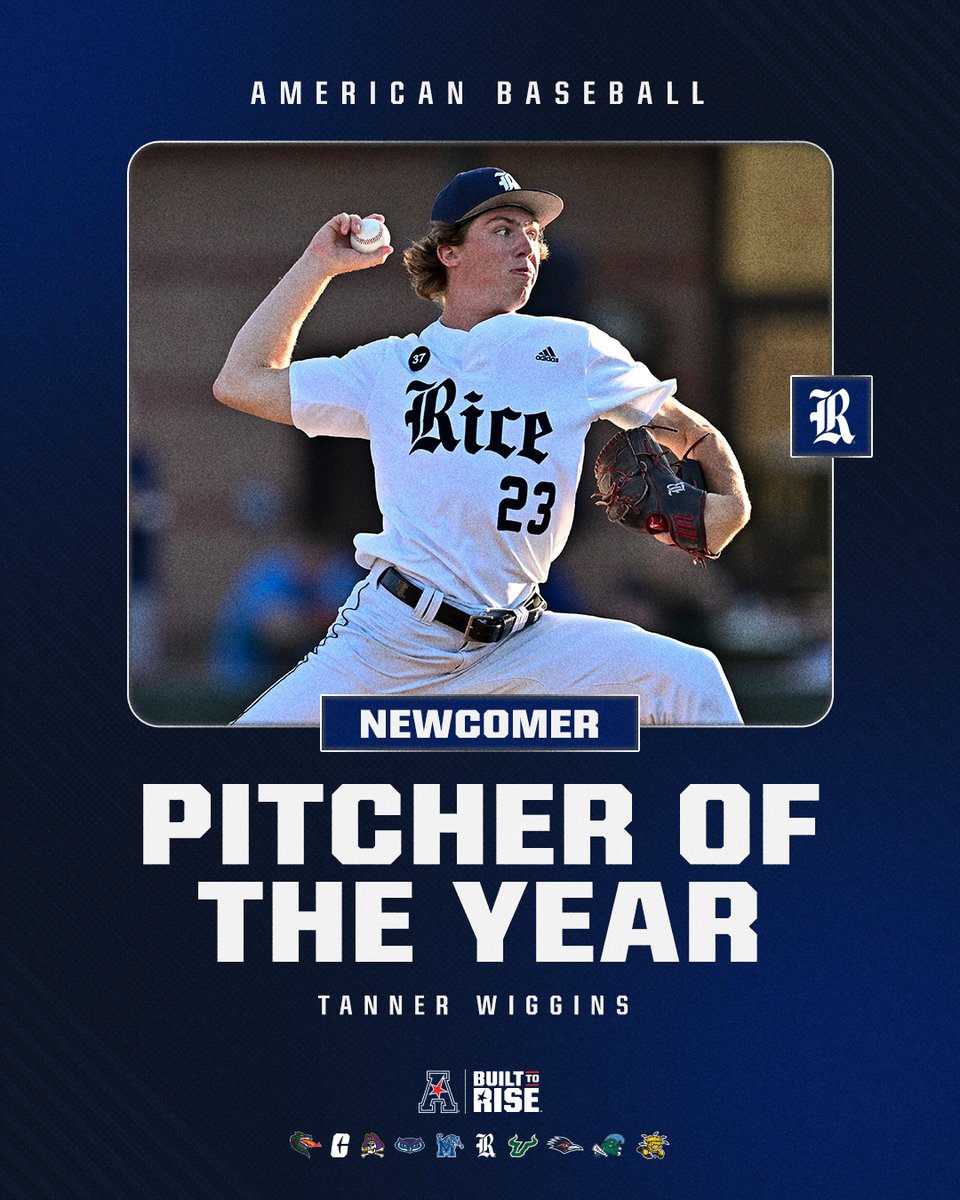 American_Conf's tweet photo. Newcomer Pitcher of the Year ⚾

Tanner Wiggins x @RiceBaseball 🦉

#BuiltToRise x #AmericanBSB https://t.co/KeTCQyNISo