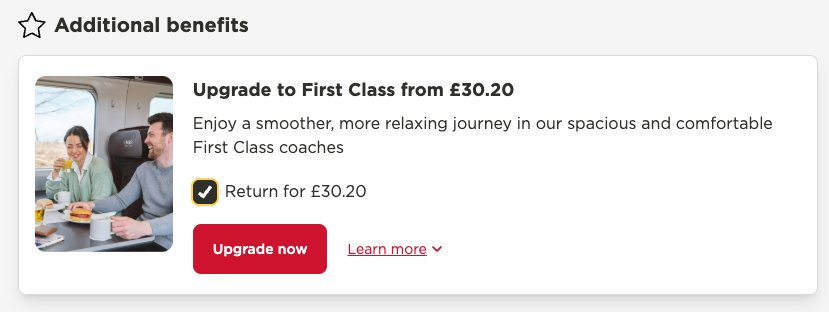 joannasaurusrex's tweet photo. @LNER I've just been royally punked by this very misleading upsell at checkout. It makes out that I'm upgrading the whole ticket rather than - it turns out - just one leg of it. https://t.co/qIEZ9wapEx