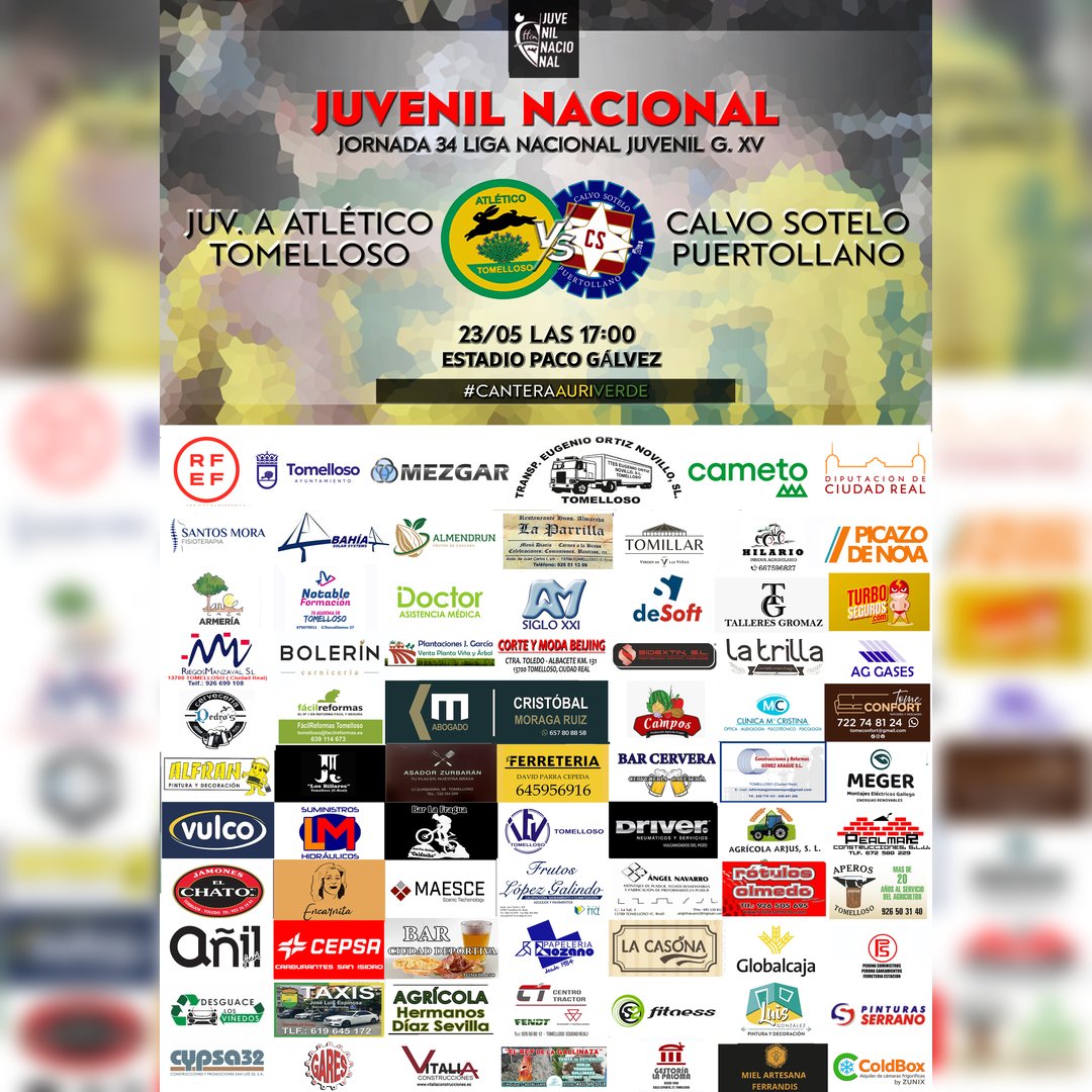 AtlTomelloso's tweet photo. ⚽JUVENIL "A":  

👉 SÁBADO 23/05  

🆚 @cspuertollanocf 

🕖 17:00  

🏆 Jornada 34 Liga Juv. Territorial G. III  

🏟️ "PACO GÁLVEZ"  

#CanteraAuriverde 💛💚 https://t.co/HlLoriUBNx