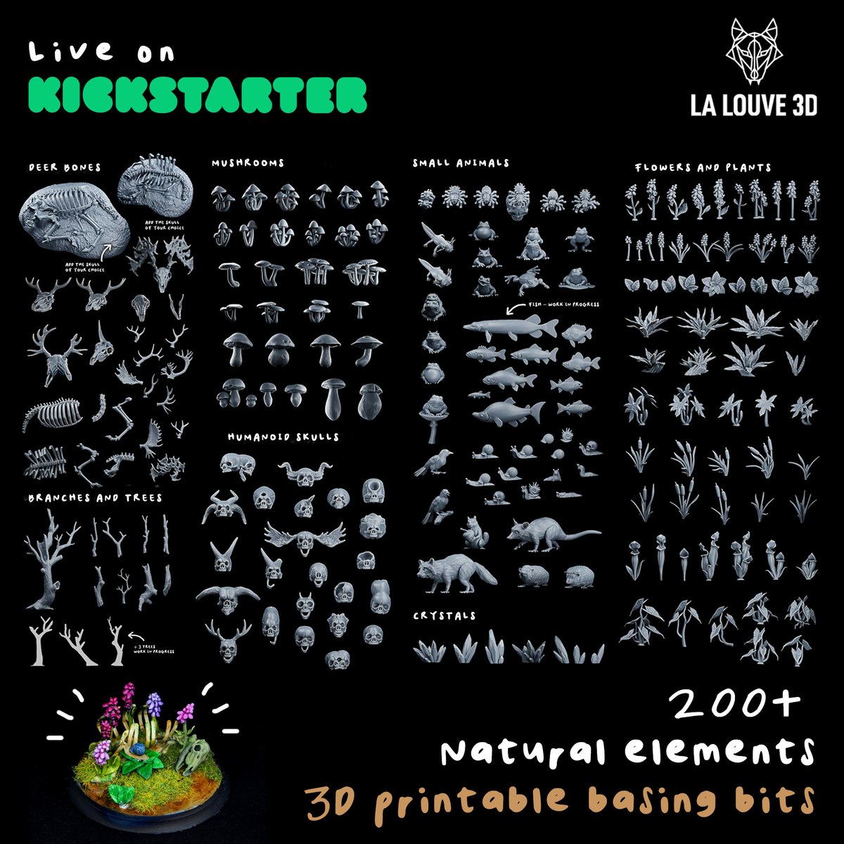 LaLouve3d's tweet photo. My new Kickstarter campaign is officially online! This project includes over 200 nature-themed basing bits for 3D printing. Designed to decorate the bases of your miniatures and dioramas.

Join the Kickstarter: https://t.co/tzGoo4epkJ

#wargaming #3DPrinting #tabletopgaming https://t.co/Dtr7HmaRFh