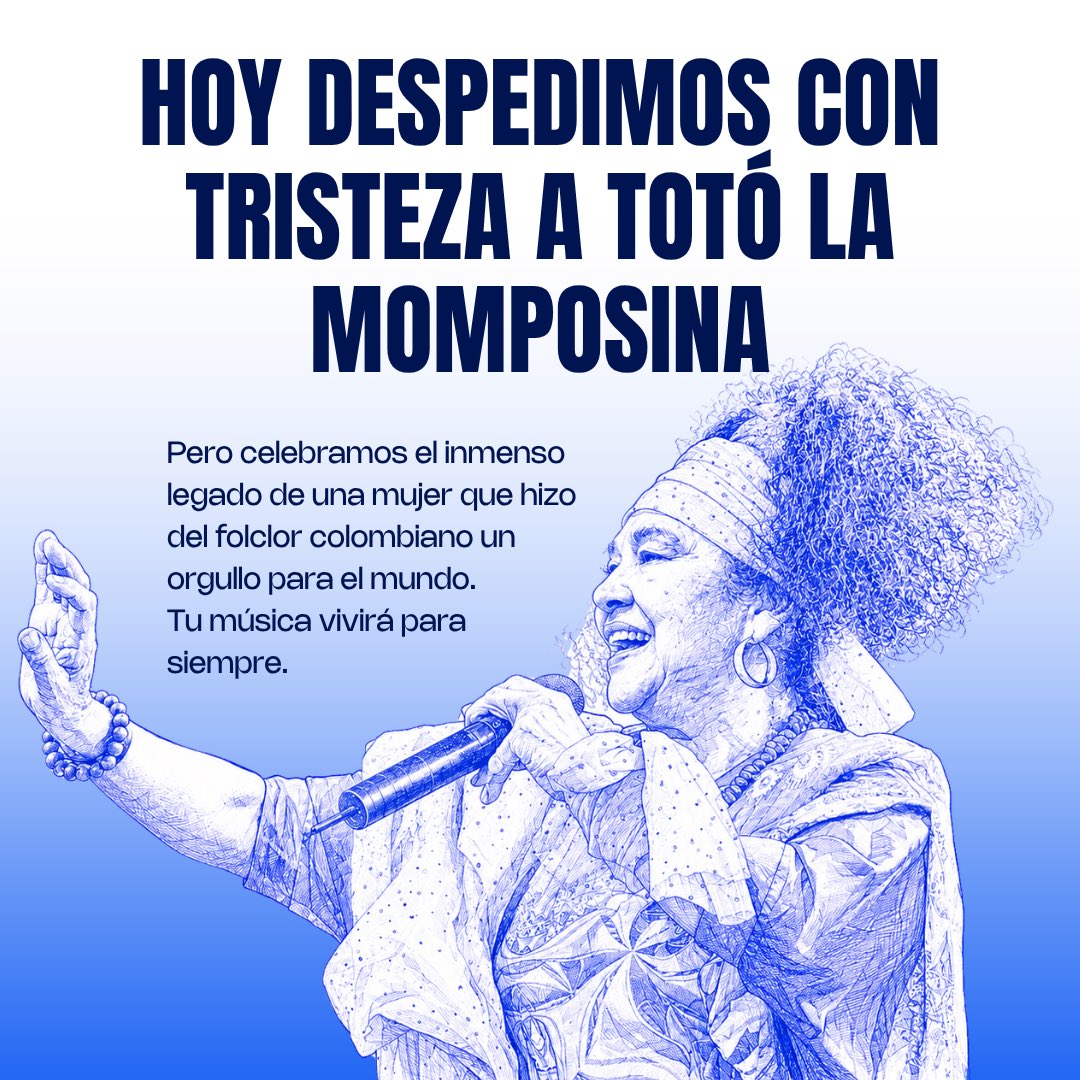 sergio_fajardo's tweet photo. Hoy Colombia despide a una de las voces más grandes de nuestra historia: Totó la Momposina.

Su música llevó el alma del Caribe colombiano al mundo. Gracias por cantarle a nuestra tierra con tanta fuerza, memoria y amor.

Que su legado siga sonando en cada rincón de Colombia. https://t.co/iz86VovY1V