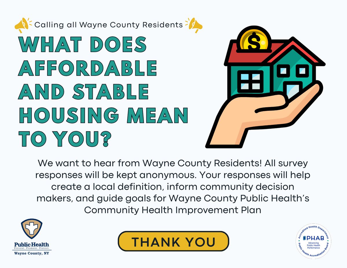 WayneCountyNYPH's tweet photo. Housing affordability &amp; stability have been identified as a top concern of Wayne County residents. Wayne County Public Health is asking community members to help us better understand local housing challenges by completing a short survey.
Survey link: https://t.co/tQEYOz374k https://t.co/9ifEyH2wwc