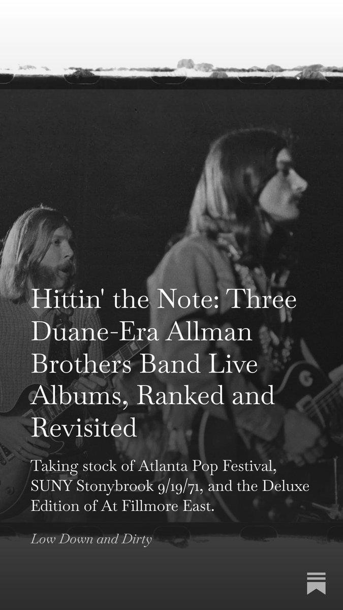 AlPaul's tweet photo. Hittin’ the Note: Three Duane-Era Allman Brothers Band Live Albums, Ranked and Revisited

Taking stock of Atlanta Pop Festival, SUNY Stonybrook 9/19/71, and the Deluxe Edition of At Fillmore East.

https://t.co/hyoiITiwD5 https://t.co/NymY888ijR