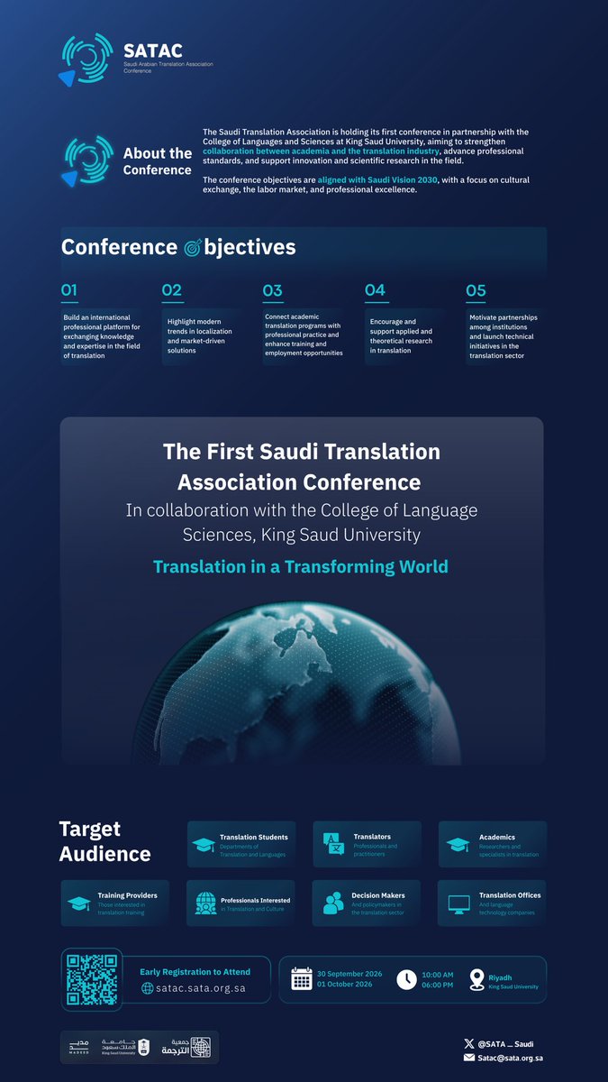 SATA_Saudi's tweet photo. The first conference of #SATA launches in partnership with the College of Language Sciences at King Saud University
Under the theme: “Translation in a Transforming World”

Riyadh – College of Language Sciences, King Saud University
30 September – 1 October 2026
10:00 AM – 6:00 PM

Early Bird registration:
https://t.co/v30sgNXOjv

#SATAC