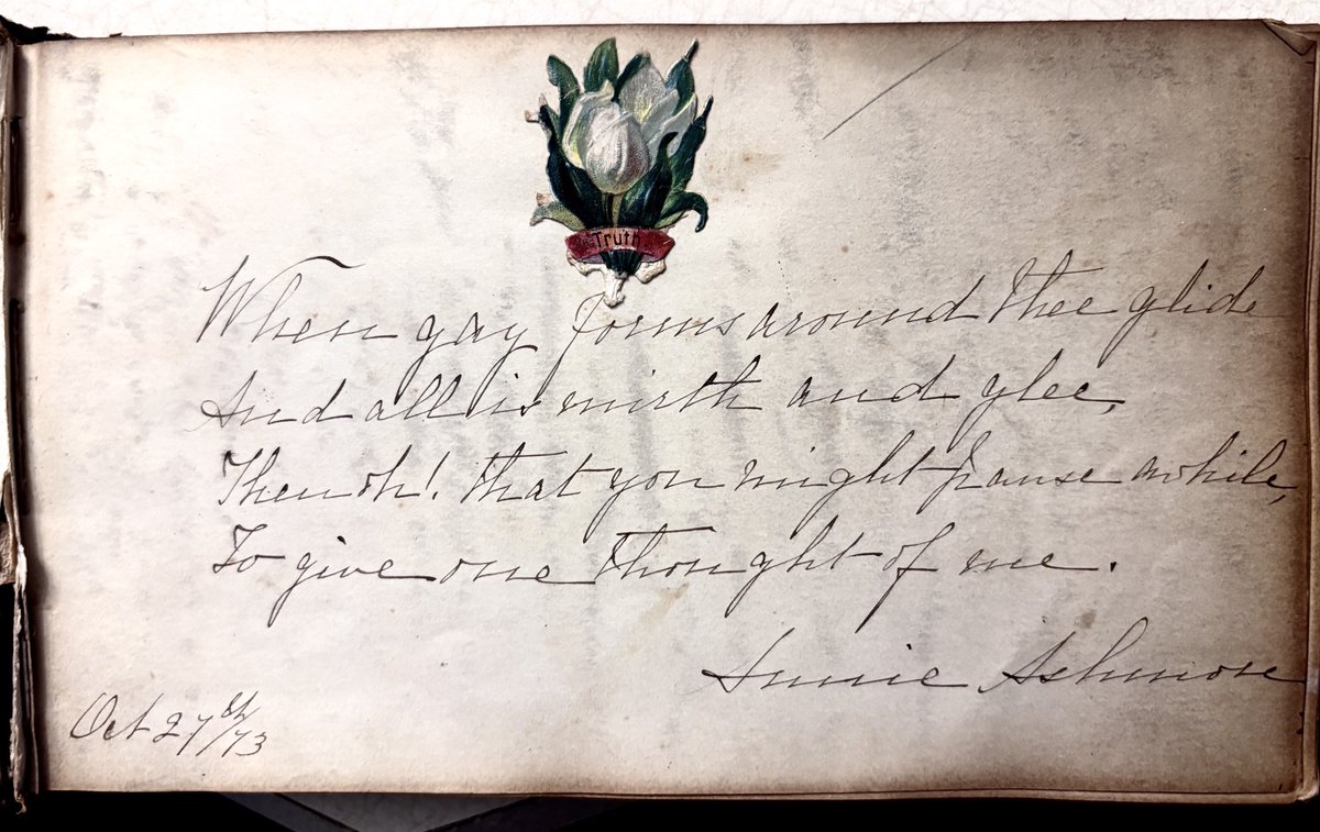 _tweetness's tweet photo. I inherited my great great aunt’s autograph book from the 1870s and have discovered that Victorian teenagers in upstate New York wrote as if they were dying heroes/heroines in a Gothic novel, exclusively in decorative cryptography.

Help me decipher! #cursive #victorian

Starting with an easy warmup round: