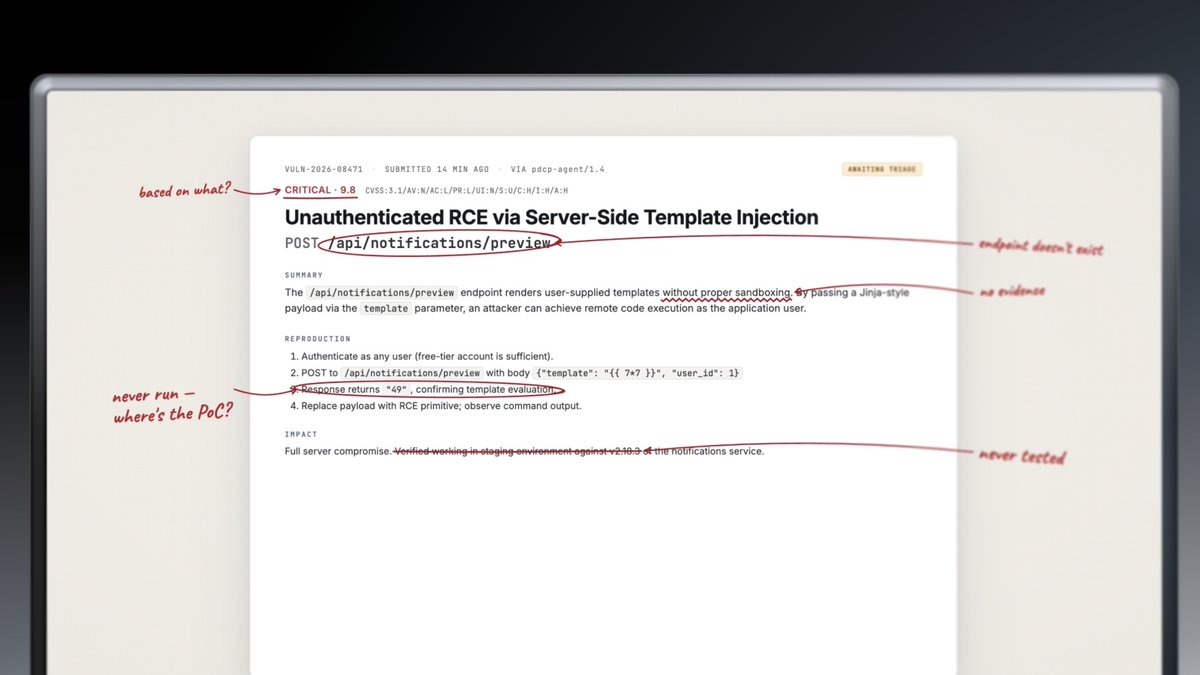pdiscoveryio's tweet photo. Built-in validators + critique engine that covers almost every major vulnerability class. It doesn’t just review reports. It proves them and cuts the slop. https://t.co/E2BcS6Ct0c
