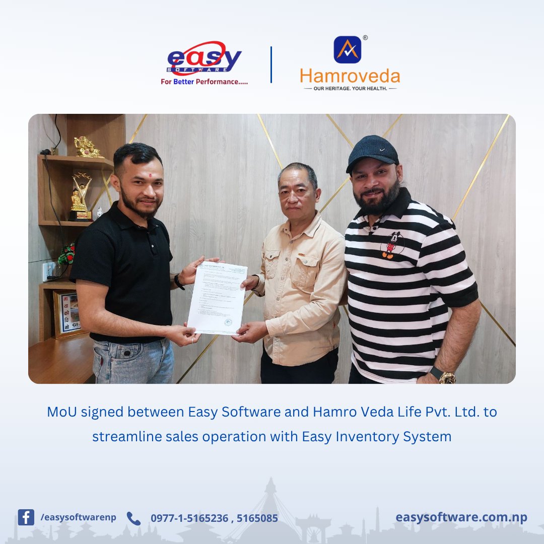 easysoftwarenp's tweet photo. We are pleased to announce the signing of an MoU between Easy Software and Hamro Veda Life Pvt. Ltd. 🤝 

#EasySoftware #EasyInventory #SalesAutomation #MoU #DigitalNepal #BusinessSolutions #Partnership #HamroVedaLife #ForBetterPerformance https://t.co/KXpLQBX2dl