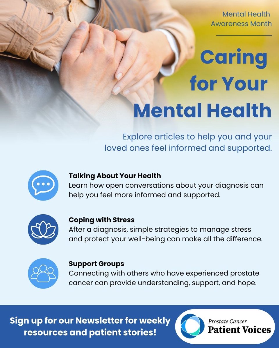 PCaVoices's tweet photo. Mental health is an important part of the prostate cancer journey.

This month, we’re sharing stories, support, and resources focused on the emotional side of diagnosis - because stress and uncertainty deserve attention too.

https://t.co/uqLYLX1PK5

#MentalHealthAwarenessMonth https://t.co/C97BHCiRcY