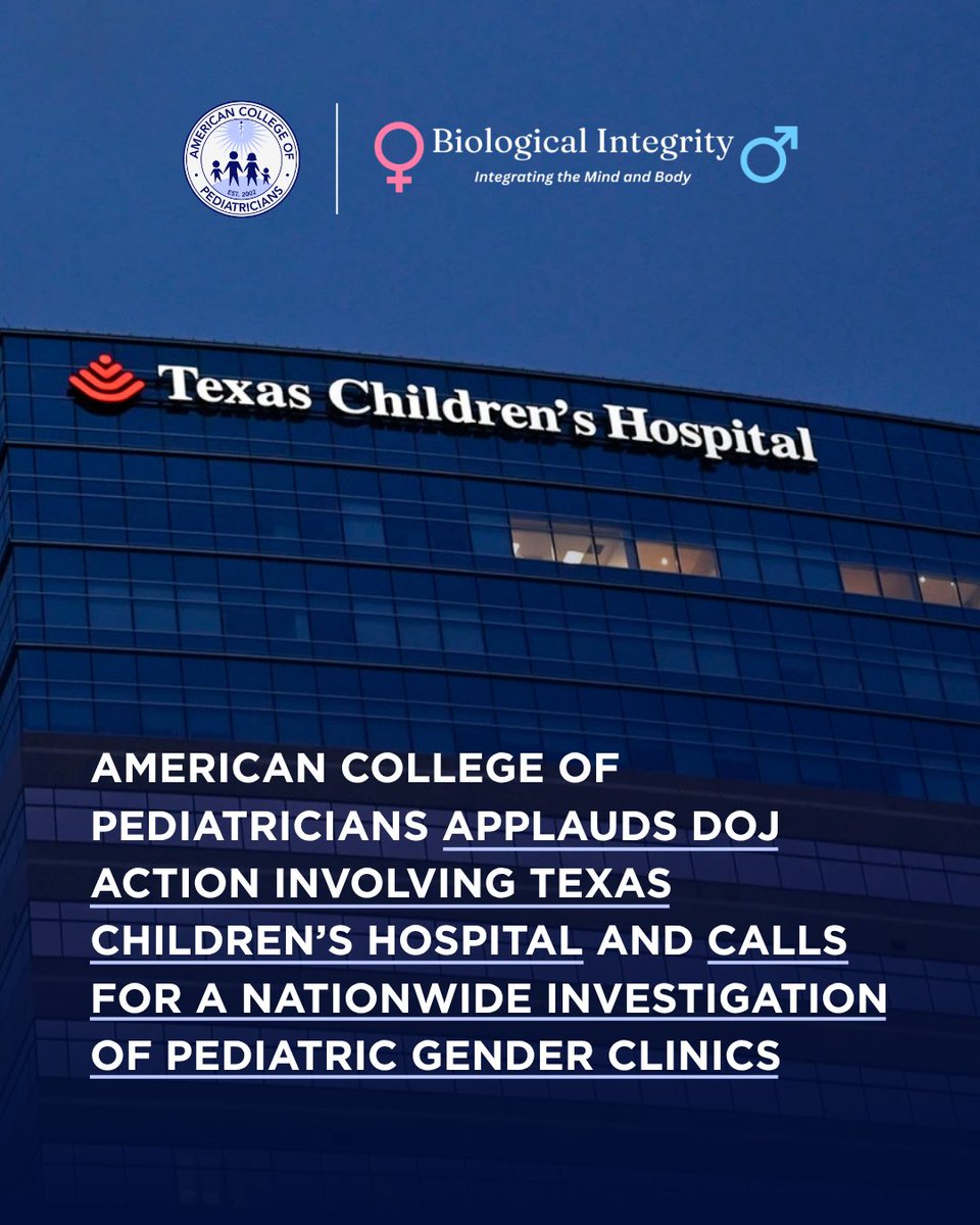 ACPeds's tweet photo. PRESS RELEASE: ACPeds Applauds DOJ Action Involving Texas Children's Hospital and Calls for a Nationwide Investigation of Pediatric Gender Clinics

Full press release: https://t.co/MtlOhoPRhk

@dojphofficial @TXAG @TexasChildrens https://t.co/uuTWJpH6Ct