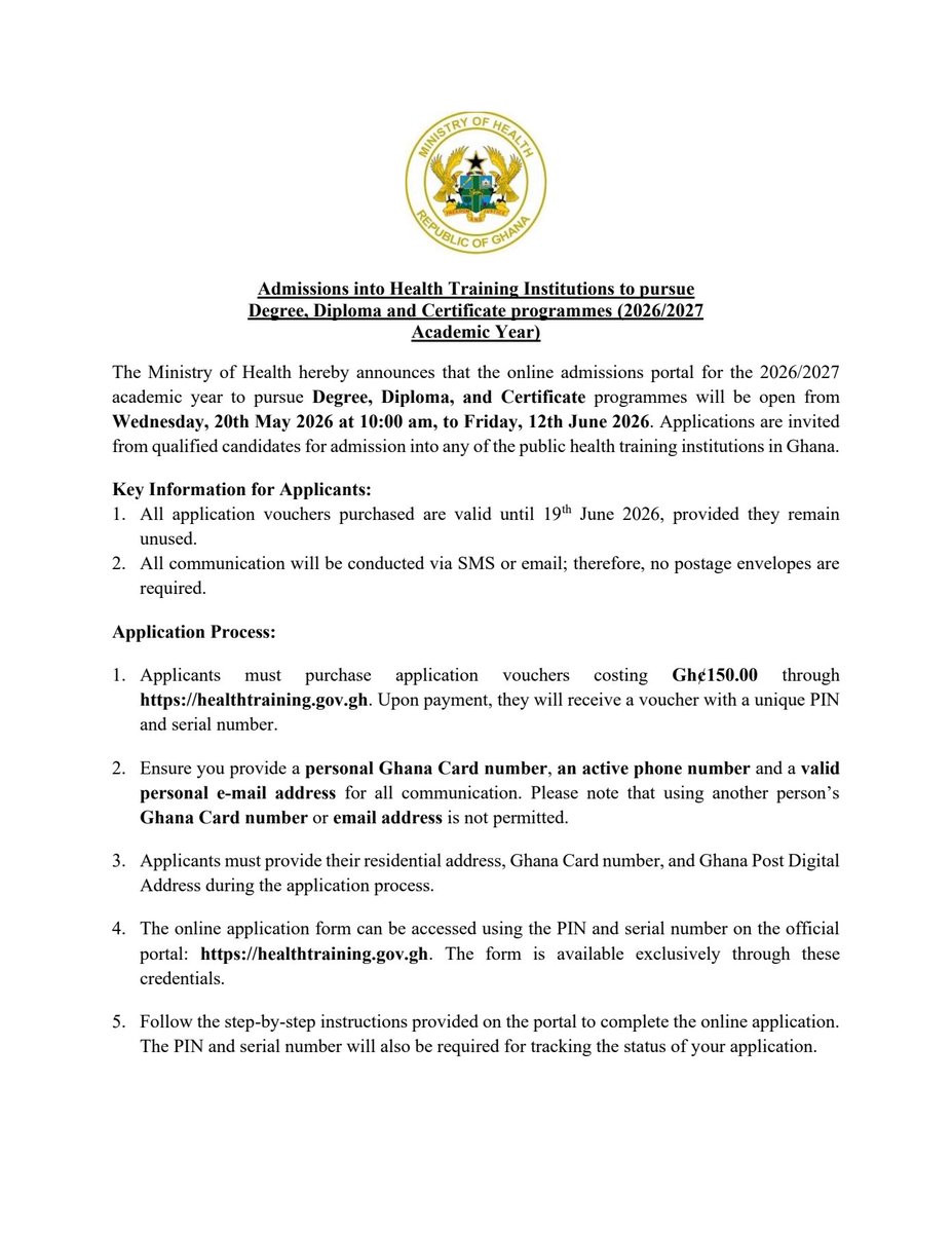 mohgovgh's tweet photo. Admission into Health Training Institutions to pursue Degree, Diploma and Certificate Programmes (2026/2027 Academic Year) https://t.co/PxeFq9l5vt