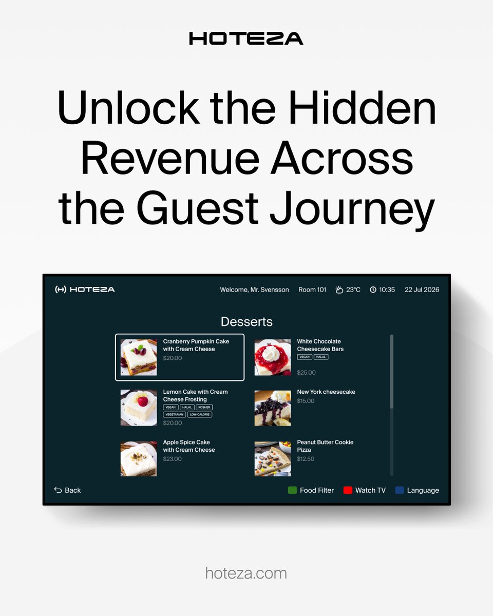 hotezaplatform's tweet photo. Turn your screens into an in-room storefront that captures impulse revenue across the guest journey.

🛎️ Digital F&amp;B orders 
🛒 One-tap hotel services &amp; shops 
🗓️ Facility slot booking

Ready to drive high-yield ancillary growth? Let’s talk! 🌐 https://t.co/P0Ef5AnCYt