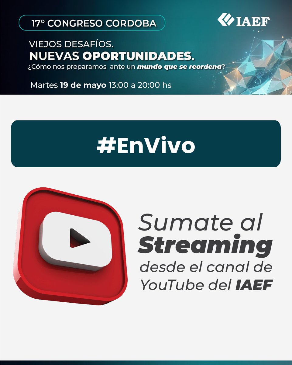 IAEF_oficial's tweet photo. ⭕ ¡𝐒𝐞𝐠𝐮𝐢𝐥𝐨 𝐞𝐧 𝐕𝐢𝐯𝐨!
💻 Sumate al Streaming desde el canal de YouTube del IAEF
https://t.co/TSczD1j8ID
𝟏𝟕° 𝐂𝐨𝐧𝐠𝐫𝐞𝐬𝐨 𝐂ó𝐫𝐝𝐨𝐛𝐚 𝐈𝐀𝐄𝐅
Viejos desafíos. 𝐍𝐮𝐞𝐯𝐚𝐬 𝐨𝐩𝐨𝐫𝐭𝐮𝐧𝐢𝐝𝐚𝐝𝐞𝐬. ¿𝐶ó𝑚𝑜 𝑛𝑜𝑠 𝑝𝑟𝑒𝑝𝑎𝑟𝑎𝑚𝑜𝑠 𝑎𝑛𝑡𝑒 𝑢𝑛 𝑚𝑢𝑛𝑑𝑜 𝑞𝑢𝑒 𝑠𝑒 𝑟𝑒𝑜𝑟𝑑𝑒𝑛𝑎?
Un nuevo espacio de encuentro para analizar el contexto actual, compartir miradas y anticipar los desafíos que vienen junto a referentes del ámbito económico y empresarial.

🗓️ 𝟏𝟗 𝐝𝐞 𝐦𝐚𝐲𝐨 | 13:00 a 20:00 hs.
📍 Hotel Quinto Centenario – Córdoba

𝐏𝐚𝐭𝐫𝐨𝐜𝐢𝐧𝐚𝐧
@BancodeCordoba | Bancor Fondos Champaqui | @becerrabursatil | @BlackTORO_us | La Voz del Interior | @lisickilitvin | @petrinivalores | @PwC_Argentina | @ubpascal | @UCCoficial | @ProgramaCFI

𝐀𝐮𝐬𝐩𝐢𝐜𝐢𝐚𝐧
@AguasCordobesas | Alkimia | @Crowe_Ar | @EpecOficial | @FocusIM_ | Get Hotel | Magdalena Cuesta | Manfrey | @GrupoProaco | @Stellantis | Tarallo

𝐀𝐩𝐨𝐲𝐨 𝐈𝐧𝐬𝐭𝐢𝐭𝐮𝐜𝐢𝐨𝐧𝐚𝐥
Aje Asociación de Jóvenes Empresarios | AmCham Argentina Córdoba | @BCCBA | @BolsaCordoba | @CamarcoArg | CEDASAC | @CEDUC4 | @CIMCCba | @ClusterCba | @CPCECordoba | FECESCOR Federación de Cooperativas Eléctricas de Obras y Servicios Públicos de la Provincia de Córdoba | FECOSI | @UICba

#CongresoIAEF #IAEF #Economía #Mercados #Córdoba