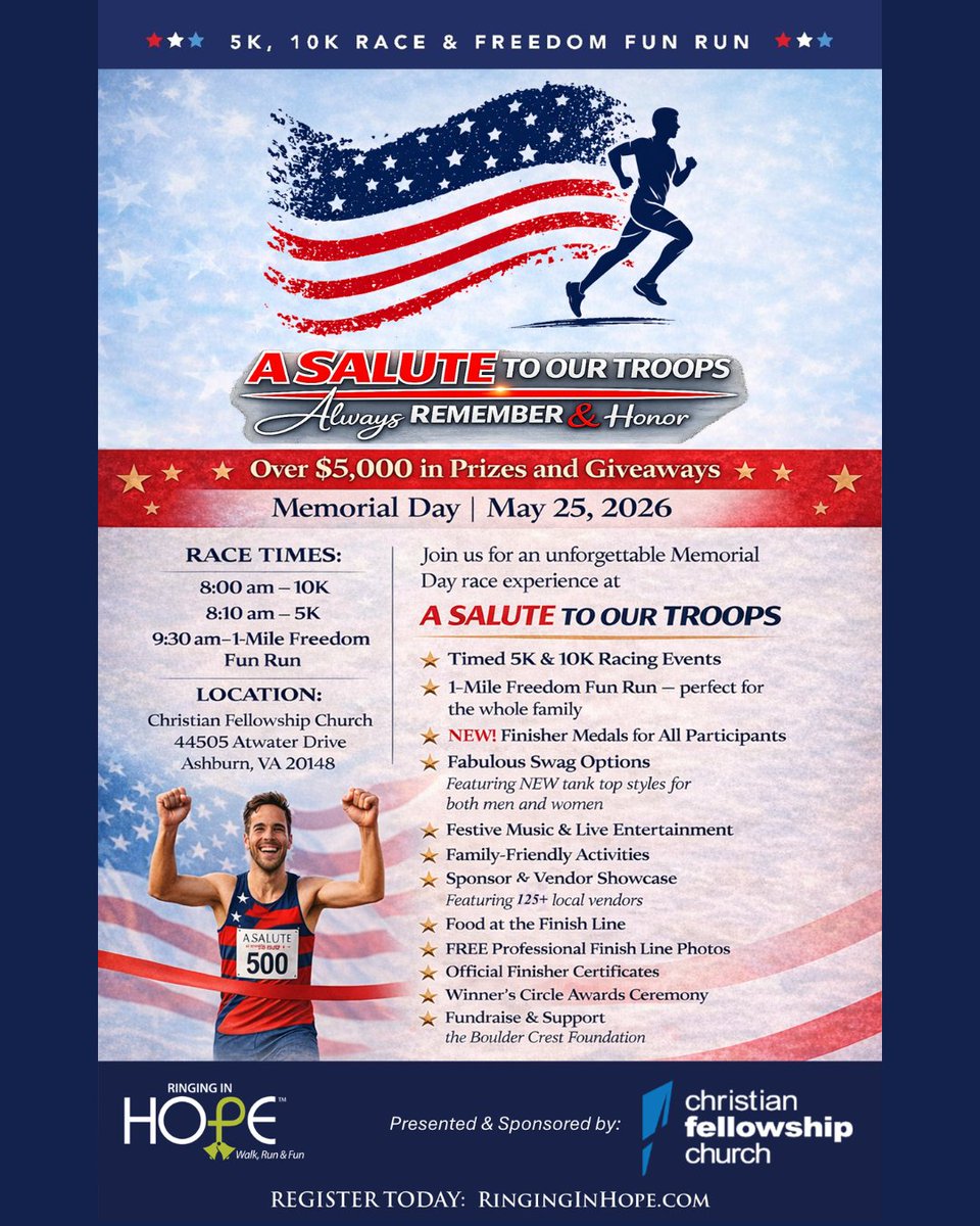 cfcwired's tweet photo. Join our Ringing in Hope Memorial Day run on Mon, 5/25! Race, train, or volunteer. Music, prizes &amp; fresh air—all to support veterans.
Race: https://t.co/c9ljelK5zU
Vol: https://t.co/X94b5QOIHl
Team: https://t.co/s3ZTuDaZLa
#cfcwired #memdayrace #oneloudoun #supportveterans https://t.co/yIQELhZwcI