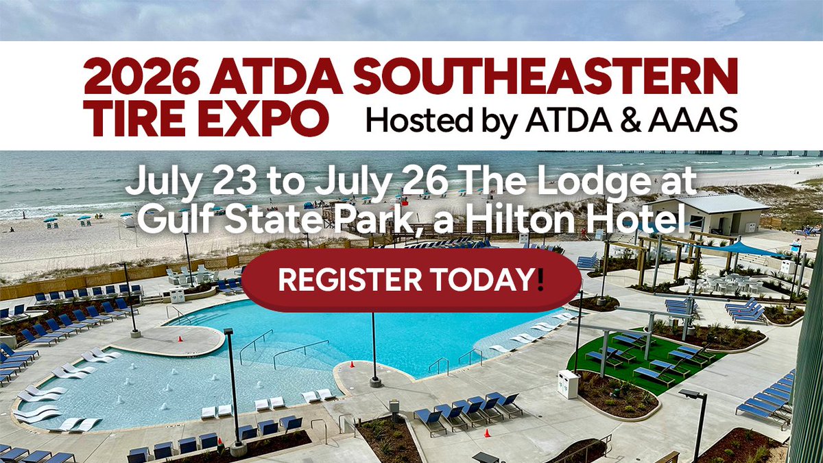 AAASassociation's tweet photo. 📆 Mark your calendars for the 2026 ATDA Southeastern Tire Expo!💥Join ATDA &amp; AAAS July 23–26, 2026, at The Lodge at Gulf State Park, a Hilton Hotel, for an unforgettable weekend of networking, industry insights, and beachside fun!Register today ➡️https://t.co/kJ84d19WvJ https://t.co/XT4ApS5sly