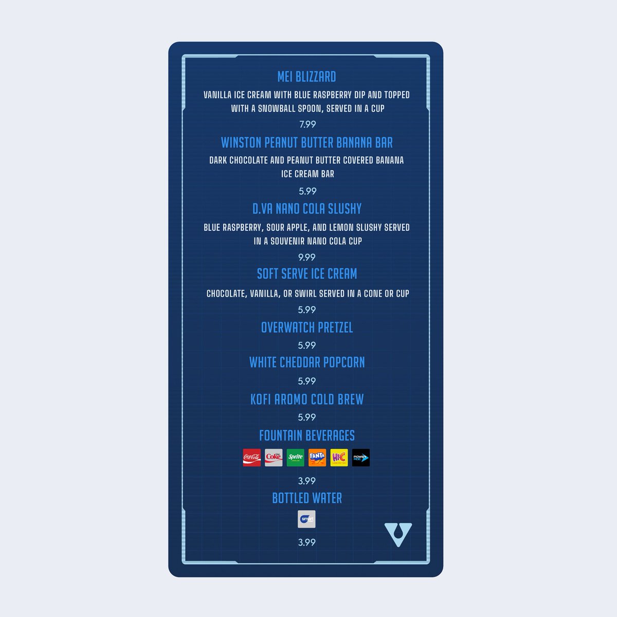 OverwatchResort's tweet photo. Would you like a Nano Cola Slushy?

Here is a closer look at the menu for Watchpoint Refreshment Station located in the Watchpoint land within Overwatch Resort.

#Overwatch #ThemeParkDesign #GraphicDesign https://t.co/KMVcgEMA4l