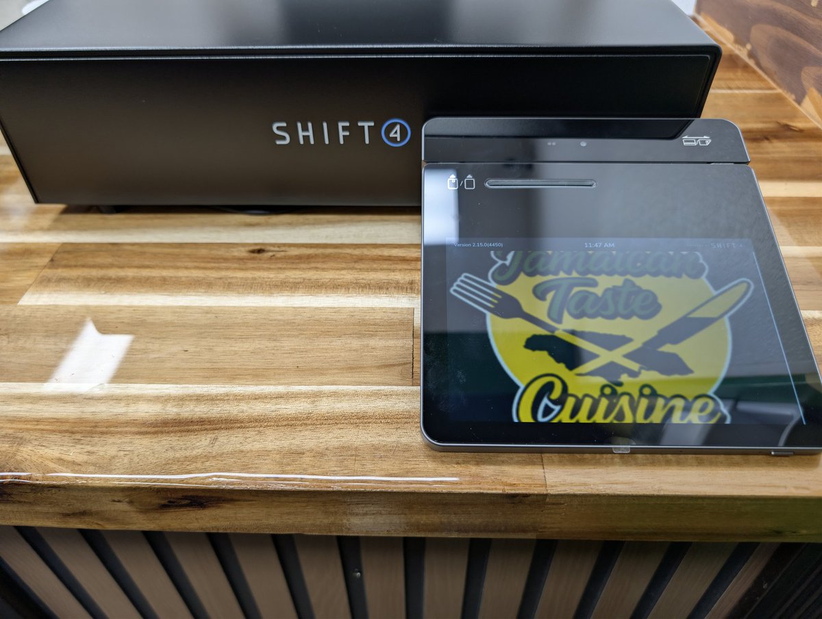 Shift4_Kyle's tweet photo. Jamaican taste in Burlington Vermont is having their grand opening on May 30th, they will be ready to save you some awesome Caribbean food with their new @Shift4 Dine POS system. With a sleek looking customer facing display showing their logo #Shift4 https://t.co/Xjauerec9T