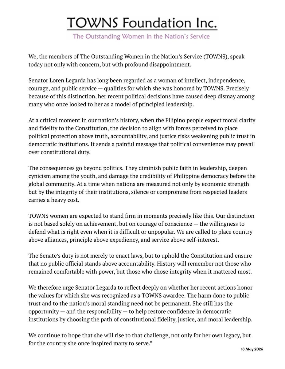 dumidyeypee's tweet photo. TOWNS (The Outstanding Women in Nation's Service) Foundation, Inc. released a statement on the recent actions of Senator Loren Legarda. 

Legarda is the 1995 TOWNS Awardee in the field of broadcast journalism.
https://t.co/78fZmHAgsr https://t.co/v8u5y9n6Jr