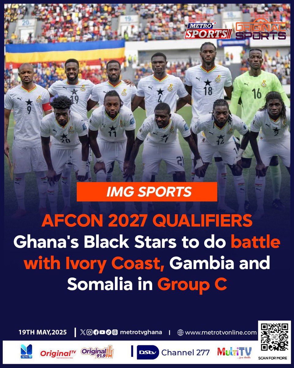 imgsports_gh's tweet photo. Group C locked in! The Black Stars face a massive AFCON 2027 qualifying test against Ivory Coast, Gambia, and Somalia. West African rivalry, pride, and qualification on the line. ⭐⚽

 #BlackStars #AFCON2027 #bringbacktheglory https://t.co/EFiQHrWA5E