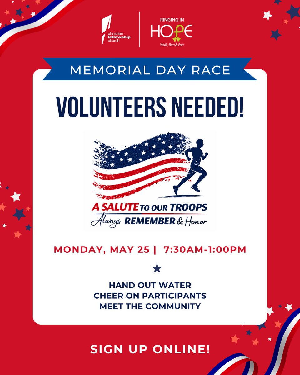 cfcwired's tweet photo. Join our Ringing in Hope Memorial Day run on Mon, 5/25! Race, train, or volunteer. Music, prizes &amp; fresh air—all to support veterans.
Race: https://t.co/c9ljelK5zU
Vol: https://t.co/X94b5QOIHl
Team: https://t.co/s3ZTuDaZLa
#cfcwired #memdayrace #oneloudoun #supportveterans https://t.co/yIQELhZwcI