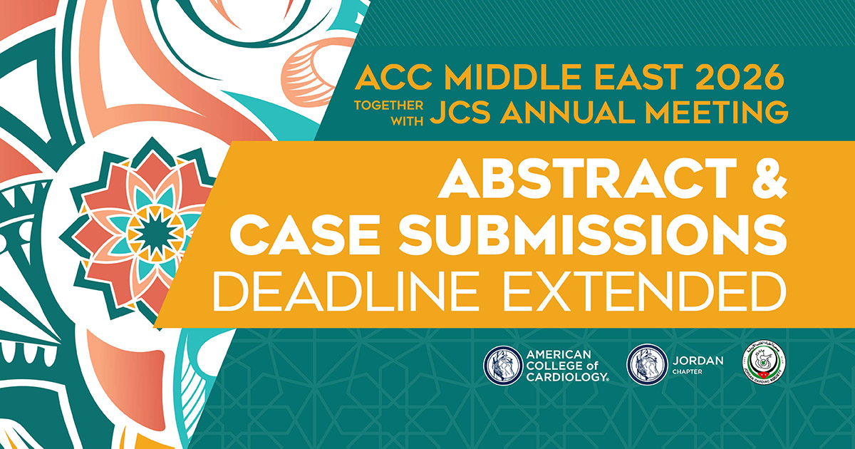 ACCinTouch's tweet photo. ๐ข #ACCMidEast Deadline Extended: Due to demand, we will continue to accept abstract and complex case submissions for #ACCMidEast 2026 Together With JCS Annual Meeting until Thursday, 21 May!
Learn more and submit today โก๏ธ https://t.co/m6M4mbzCdj
@jordaniancs #ACCIntl https://t.co/lwBZxCP8b6