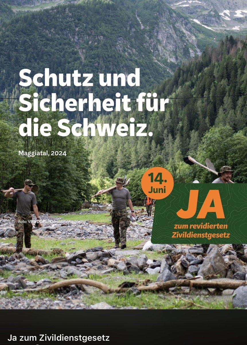 SicherheitBern's tweet photo. ⚠️Im Windschatten der „10Millionen-Initiative“: Wichtige Reform des Zivildienstes.
👉JA zum #Zivildienstgesetz!
Wer bereits Militärdienst resp. #Offiziersschule geleistet hat, hat keine Gewissensprobleme &amp; soll nicht in den ZD wechseln.
👉Gehen Sie abstimmen❗️
Für unsere #Armee. https://t.co/FtlMkTT79k