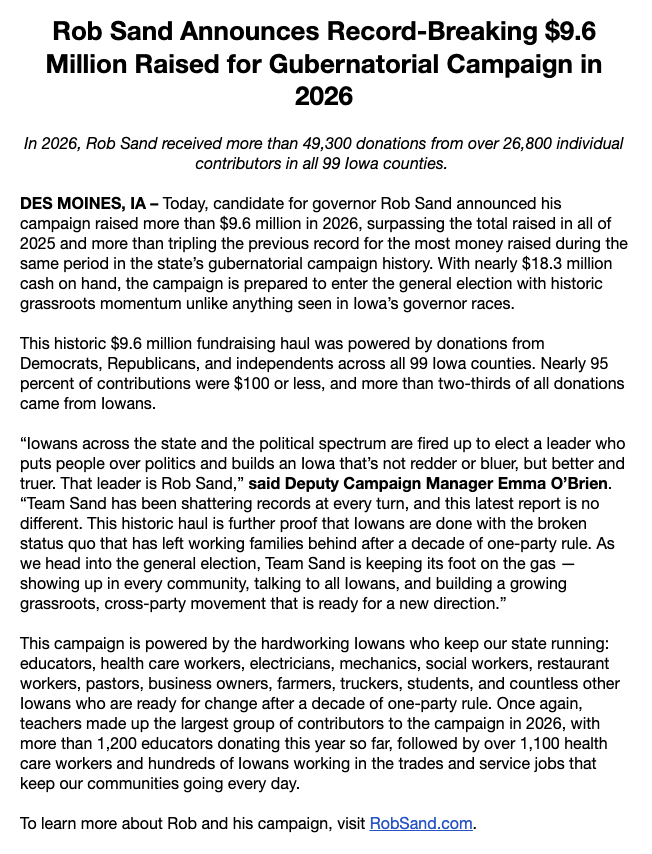 emmaobrien1496's tweet photo. 🚨🚨HUGE fundraising haul for @RobSandIA: 
 - $9.6 million raised since January
- $18 million COH headed into the general
- Donations from Ds, Rs, and no-party voters in all 99 counties. 

Momentum is behind @Team_Sand #IAGov https://t.co/4mYWt5paV9