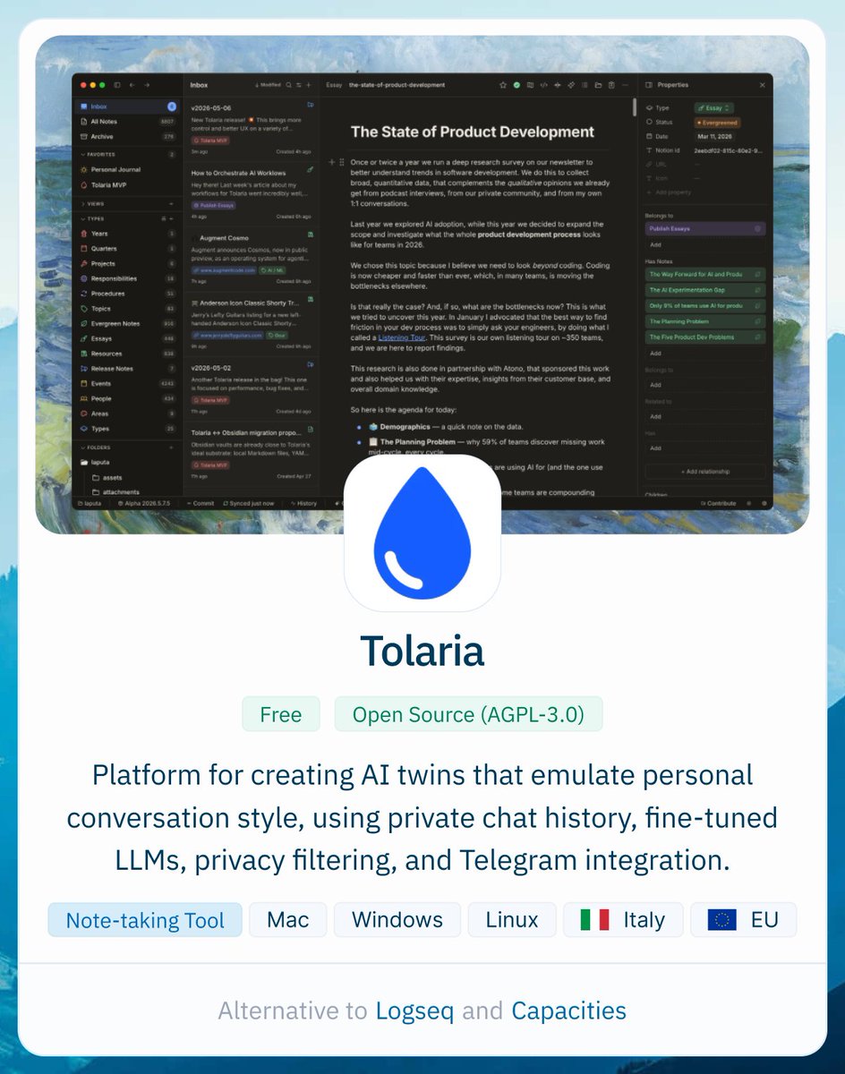 AlternativeTo's tweet photo. Free, open-source desktop app to manage Markdown knowledge bases, link notes and run local AI agents on your Markdown files, with Git sync and no account needed https://t.co/5Fu72x8XZV