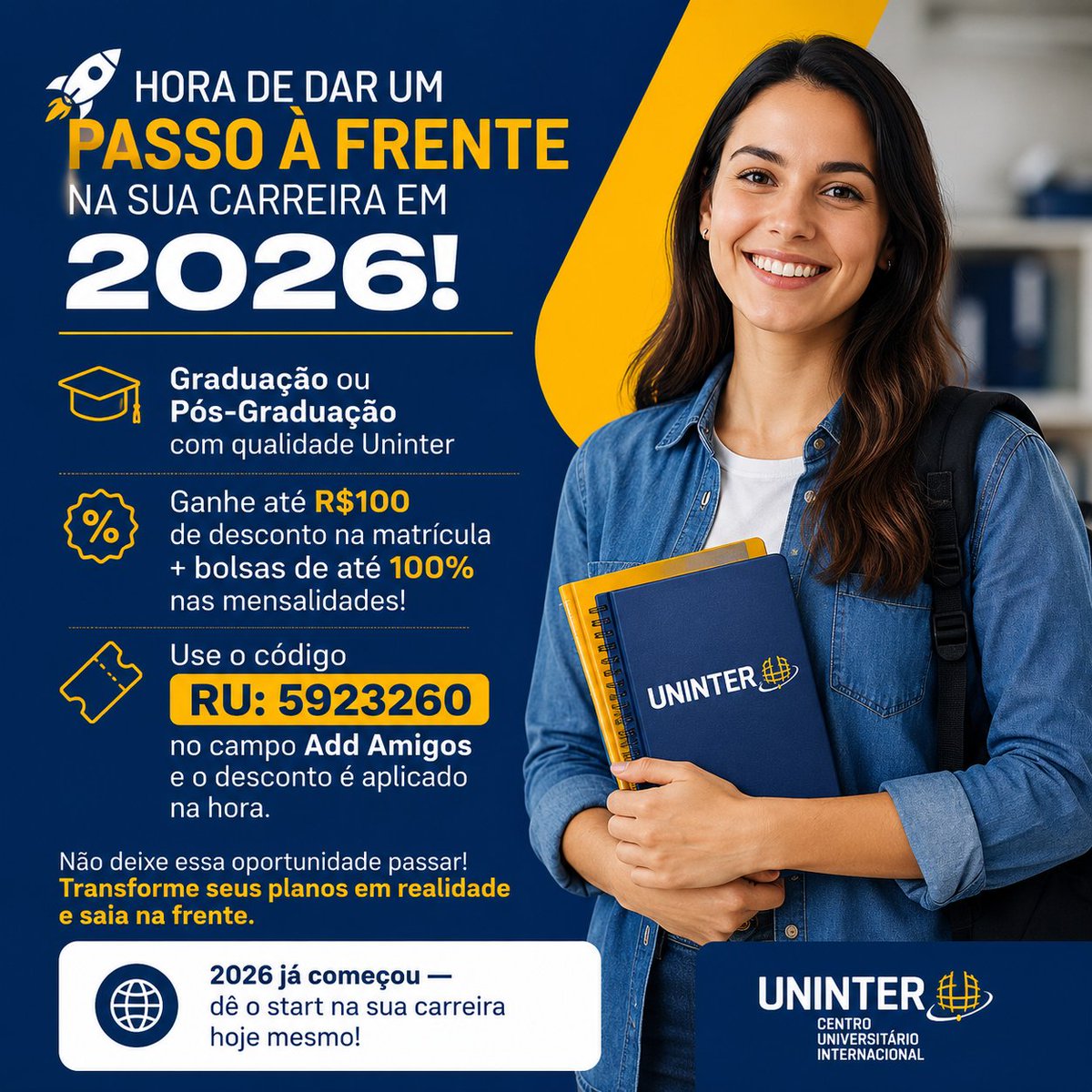 VendasTech5's tweet photo. 🚀 Seu futuro começa agora!

🎓 Graduação ou Pós na Uninter com bolsas de até 100% + desconto na matrícula.
💡 Use o código Add Amigos RU: 5923260
✨ Invista na sua carreira em 2026!
🔗 https://t.co/1w6ob8ZhQB https://t.co/QchDoQ0E2j