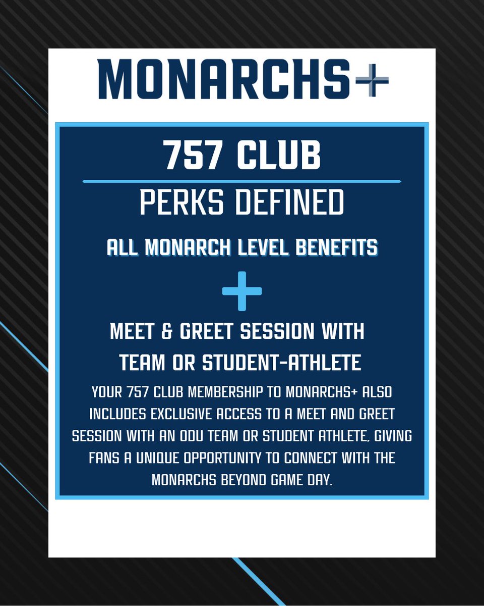 monarchsplus's tweet photo. Exclusive access. Unforgettable experiences. 

With the 757 Club membership to Monarchs+, fans get the opportunity to attend a special meet and greet session with an ODU team or student athlete. Get closer to the Monarchs and connect with the athletes beyond game day. 

#MonarchsPlus | #ReignOn | #ODUsports