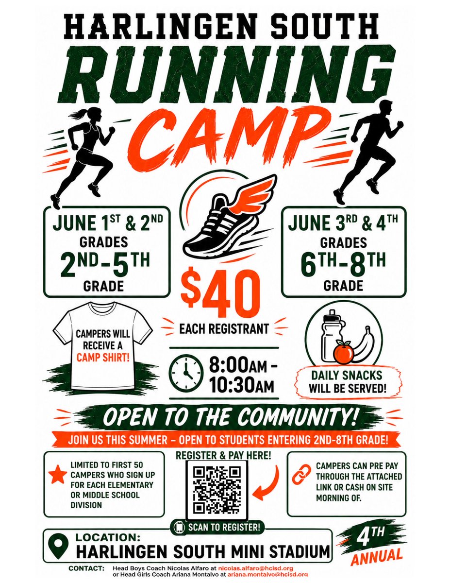 SouthHawkXCTF's tweet photo. 📅 June 1st–2nd → Grades 2nd–5th
📅 June 3rd–4th → Grades 6th–8th
⏰ 8:00 AM – 10:30 AM
📍 Harlingen South Mini Stadium
💲 $40 per camper
⚠️ Limited to the first 50 campers per division.

Register and pay here:

https://t.co/Qtgui0MWtd https://t.co/kpn69mVe4g