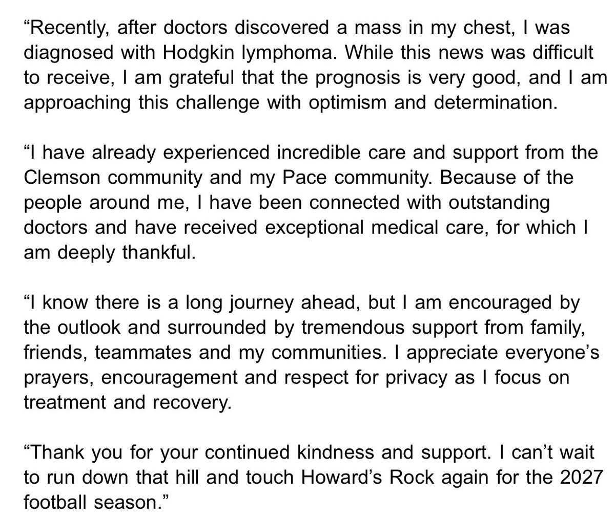 Matt_Fortuna's tweet photo. Clemson redshirt sophomore DT Hevin Brown-Shuler has been diagnosed with Hodgkin lymphoma and will miss the 2026 season.

Statement from Brown-Shuler: https://t.co/pkNjpca2CO