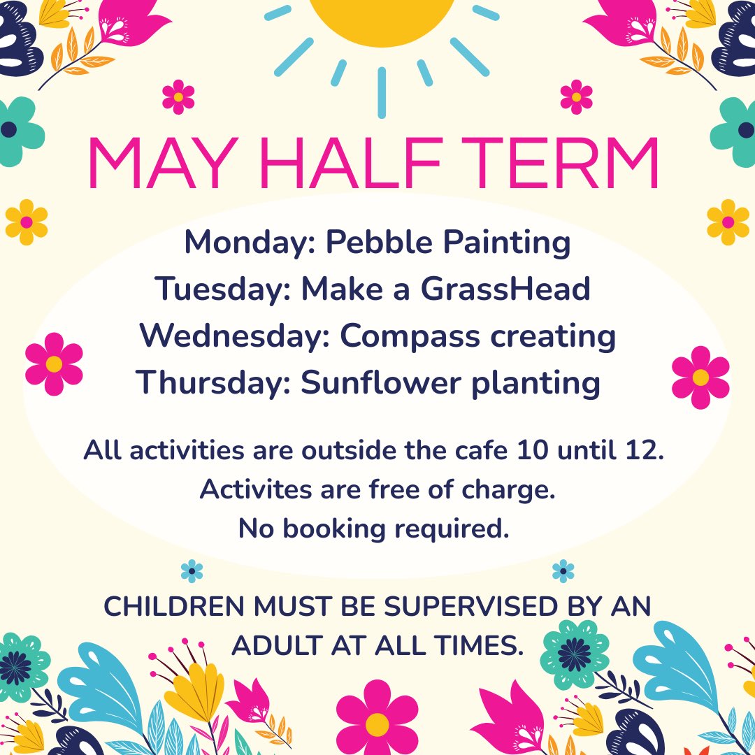 LakesideCafeBHC's tweet photo. May Half Term is swiftly approaching… we will be running 2wks of activities outside the cafe. 

Monday to Thursday. 
10 - 12. 

All welcome to join in. 
No booking required.
Free of charge. 
Just turn up and get involved. 

❤️ https://t.co/poflxQDlDN