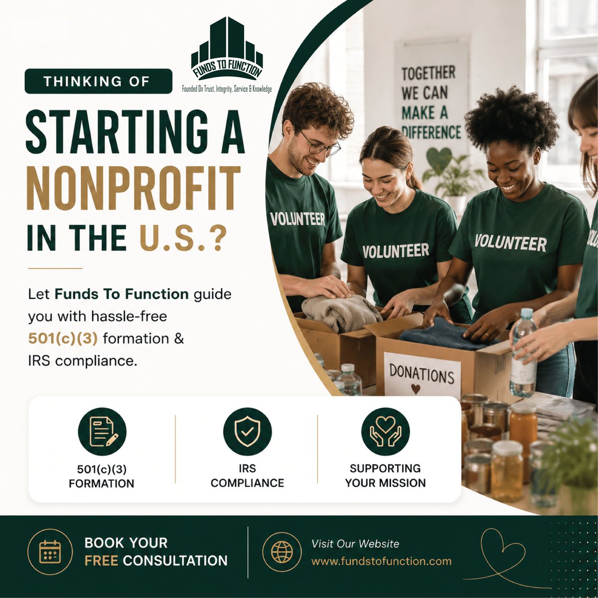 fundstofunction's tweet photo. Big missions start with one powerful step. 🌿

Starting a nonprofit in the U.S.?

Funds To Function helps you build it the right way, from 501(c)(3) formation to IRS compliance.

📩 Book Your FREE Consultation
https://t.co/K5y7y6Ufby

#Nonprofit #501c3 #FundsToFunction https://t.co/u2WZXBw6IT