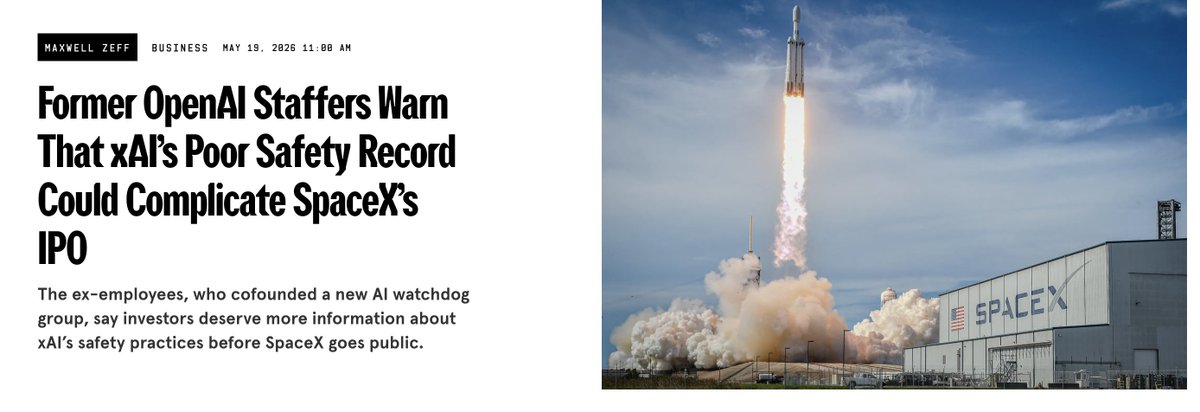 _NathanCalvin's tweet photo. Encode AI is one of four co-authors on a new report about xAI's AI safety record, an area that should be receiving much more scrutiny and attention in the lead up to SpaceX's IPO. 

Elon Musk was among the earliest and most vocal proponents warning about severe AI risks and urging regulation, but that attitude has not been matched by the practices of his frontier lab xAI (now merged with SpaceX), which consistently lag behind the safety practices of its peers. Their peers need to do better too - particularly as models continue to become more capable and progress accelerates, but xAI has an even further distance to go. 

The goal of this report is not to hurt SpaceX or xAI, but rather to make sure that they understand that additional investments in safety practices are an essential part of being a responsible actor pushing the frontier of AI progress. There is still time for investors to demand changes, and for SpaceXAI to make changes. Their new testing with CAISI is one positive sign, but our report identifies a plethora of areas where very significant improvement and additional transparency are still needed. 

Thus far xAI's missteps have been in some cases very harmful and widespread but are limited to models that are not capable of causing catastrophic harm. If their ambitions to create models as capable, and then more capable, as models like Anthropic's Mythos are successful, then their current practices around safety could prove disastrous. 

Maxwell Zeff at WIRED wrote up a story on the report, linking that story and the full report below. Many thanks to our co-authors at Guidelight, Midas Project, and Legal Advocates for Safe Science and Technology.