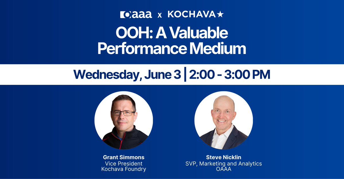 YourOAAA's tweet photo. Join @kochavaofficial's Grant Simmons and OAAA’s Steve Nicklin for a members-only webinar reviewing findings from new OAAA + Kochava Foundry research that demonstrate OOH drives strong in-person outcomes like store and dealership visits, and measurable digital impact across website visits, app downloads, and other conversion actions.

📅June 3, 2026 | 3:00 PM ET
🔗 Register here: https://t.co/kLyOyfrI6e