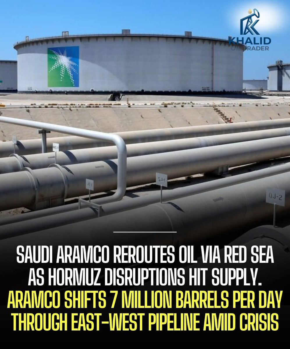 khalidoiltrader's tweet photo. Saudi Aramco has redirected more crude oil flows through its East-West pipeline after disruptions due to conflict between the United States and Iran and uncertainty in the Strait of Hormuz. The company 

#​#KhalidOilTrader
​#KhalidOil
​#KOT
​#KhalidTraders https://t.co/E0pBH8grvj