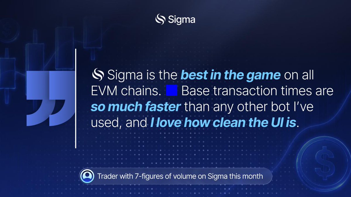SigmaTrading's tweet photo. Base volume is heating up...

After dominating ETH szn, Sigma users are now enjoying the market's fastest Base fills, same-block copytrading, and a product refined in collaboration with Base's hottest protocols.

If there's money to make on EVM, you'll get there first with Sigma. https://t.co/HFe47hUvgd